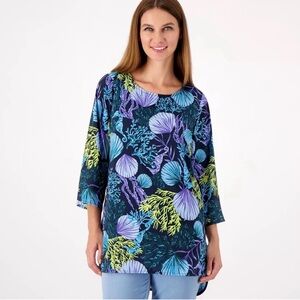 J Jason Wu high-low tunic top vibrant blue, purple, and yellow seashell print XL
